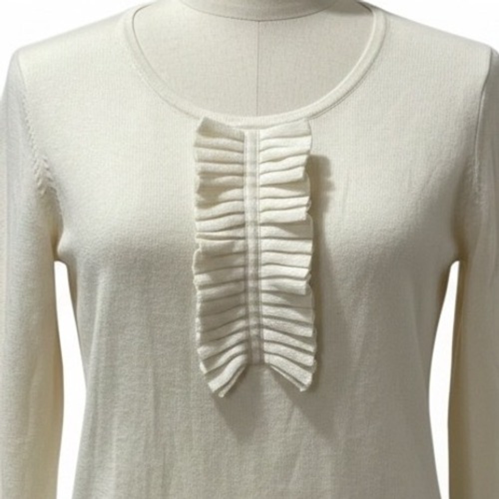 Lacoste Ruffle‎ Front Sweater Womens 42/L Cream Vtg Scoop Neck Coquette Parisian
